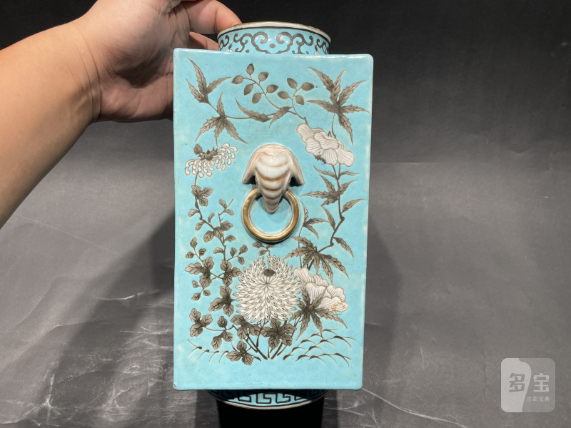 清光绪 松石绿地墨彩花鸟纹琮式瓶一对 - 图3